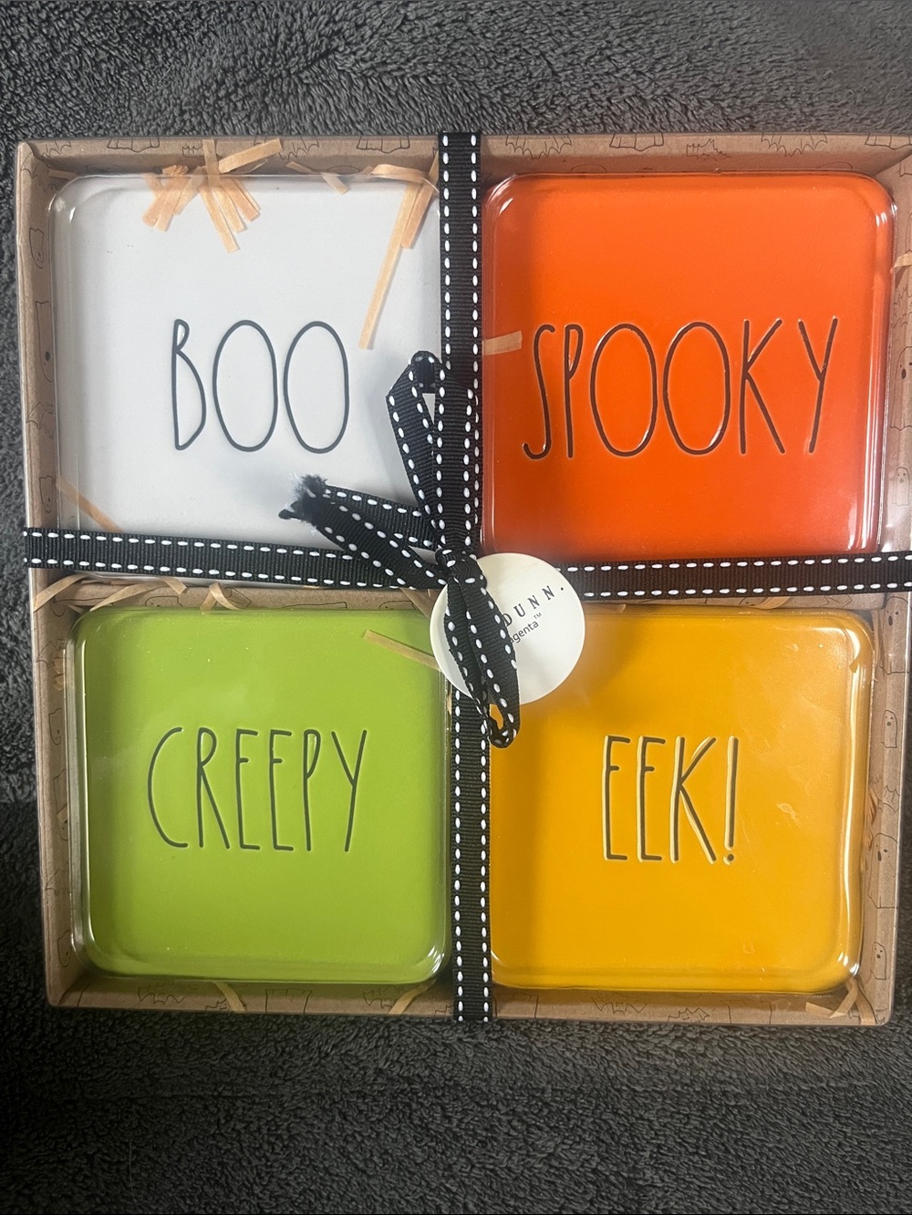 Rae Dunn Halloween Ceramic Coaster Set - White, Orange, Lime Green, Yellow